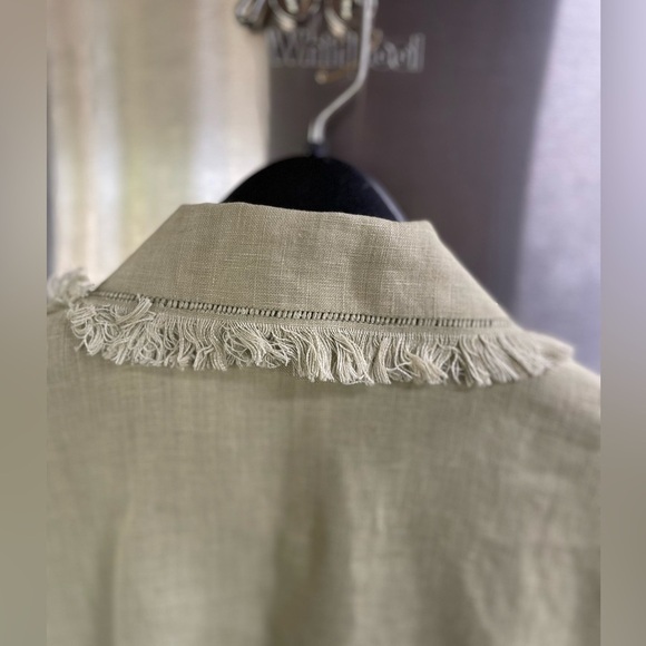 100% LINEN Trousers ETC New York women Sz 6 light green w/fringe shacket money - Picture 5 of 16